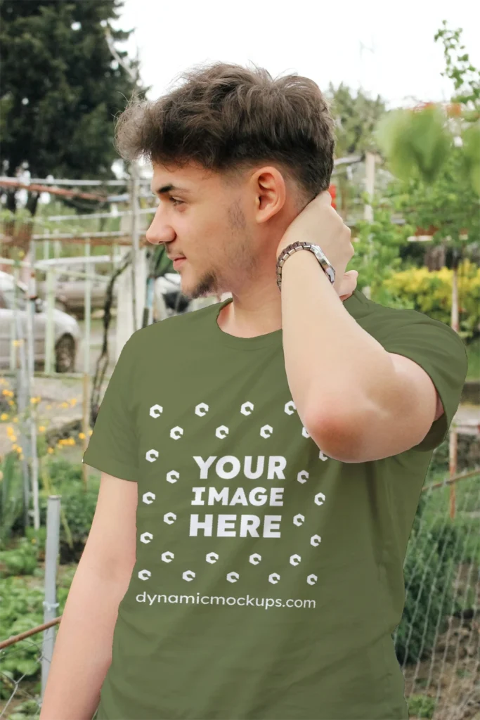 Man Wearing Olive Green T-shirt Mockup Front View Template