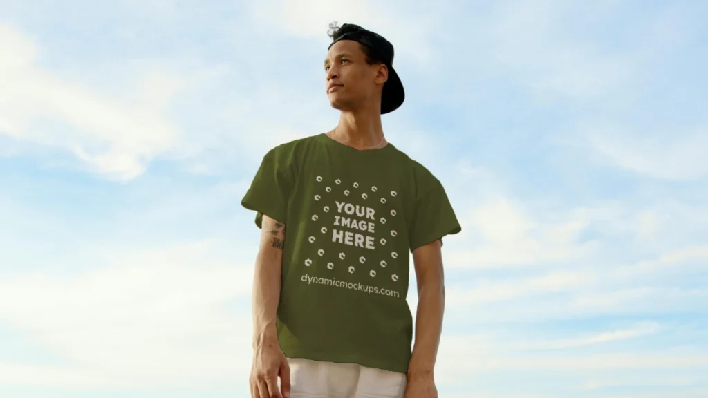 Man Wearing Olive Green T-shirt Mockup Front View Template