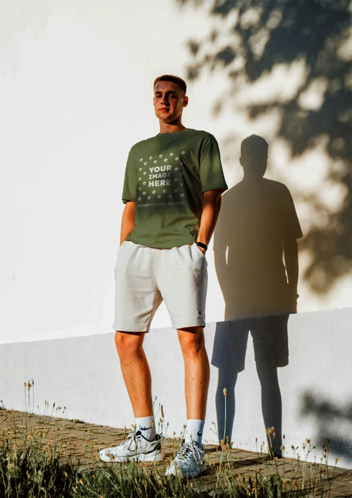 Man Wearing Olive Green T-shirt Mockup Front View Template