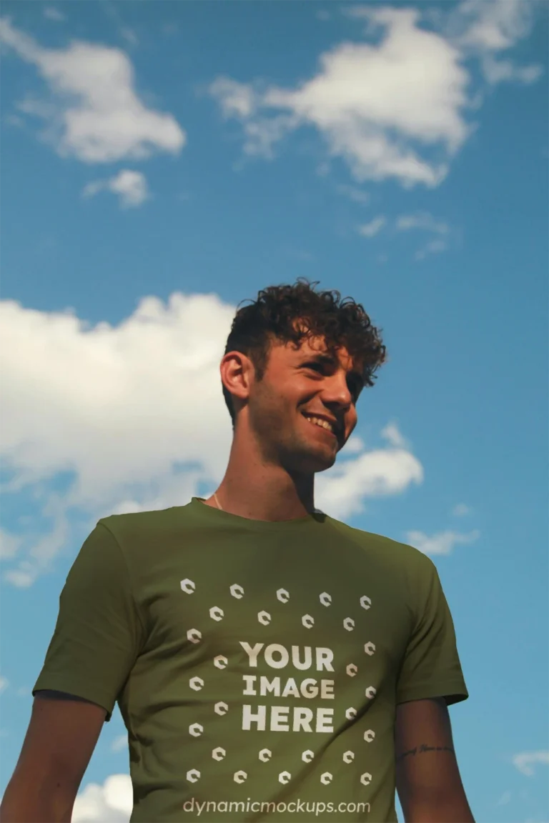 Man Wearing Olive Green T-shirt Mockup Front View Template