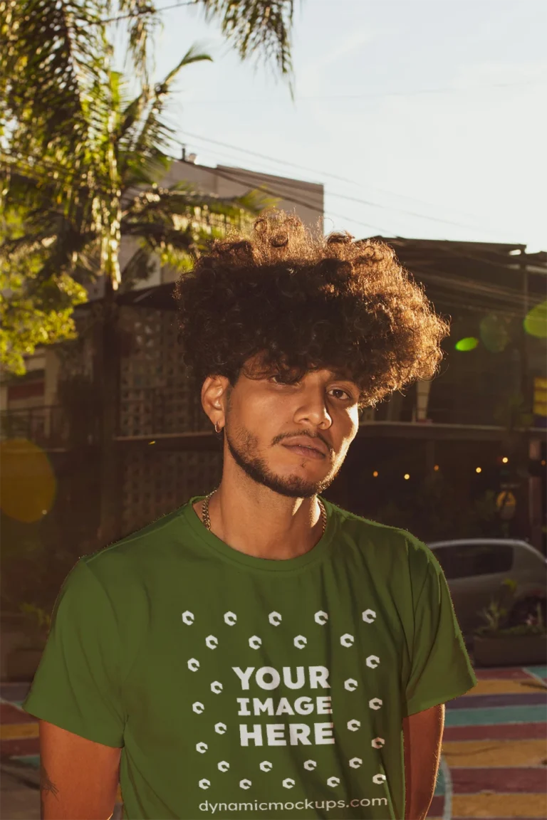 Man Wearing Olive Green T-shirt Mockup Front View Template