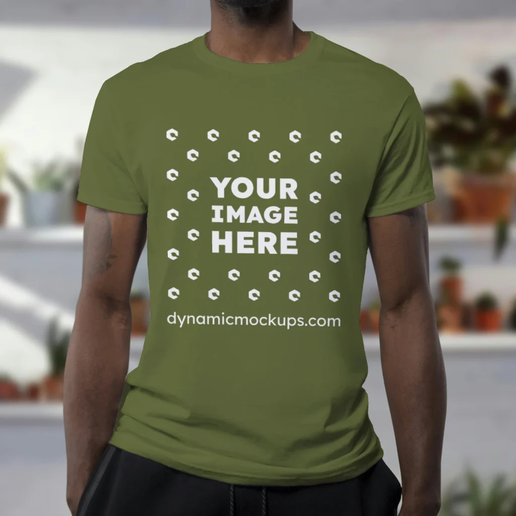 Man Wearing Olive Green T-shirt Mockup Front View Template