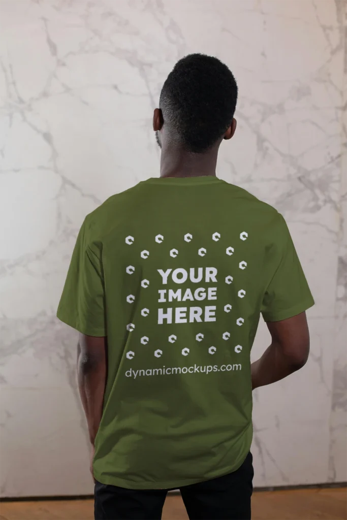 Man Wearing Olive Green T-shirt Mockup Back View Template