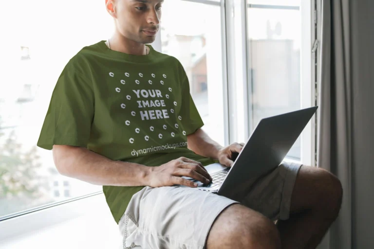 Man Wearing Olive Green T-shirt Mockup Front View Template