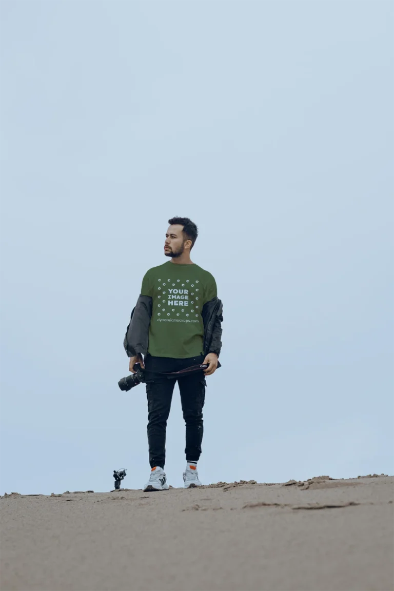 Man Wearing Olive Green T-shirt Mockup Front View Template