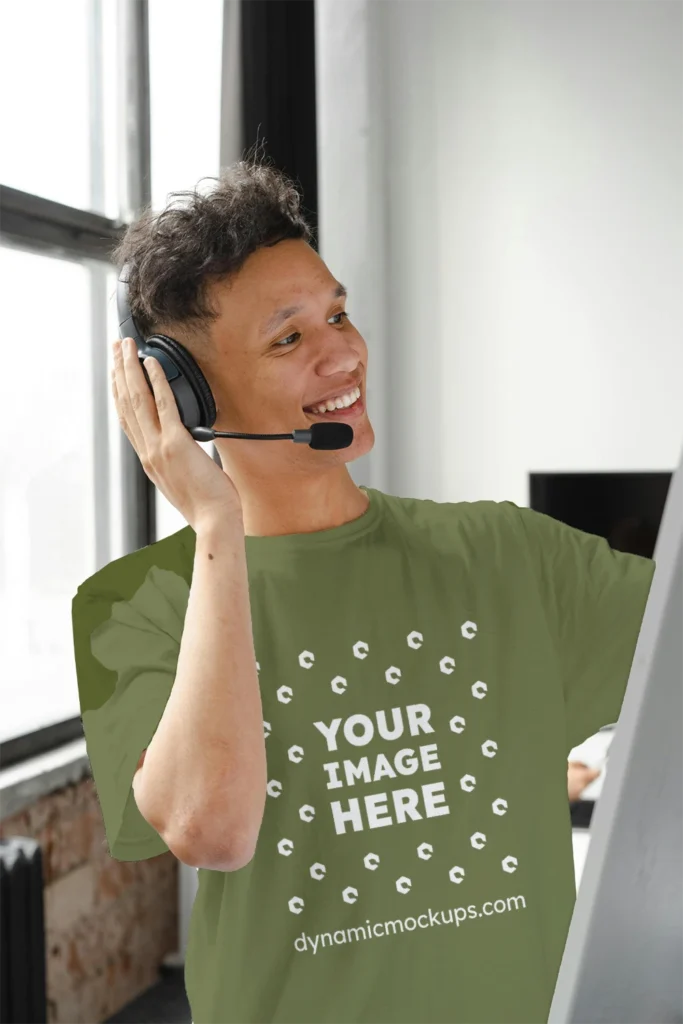 Man Wearing Olive Green T-shirt Mockup Front View Template