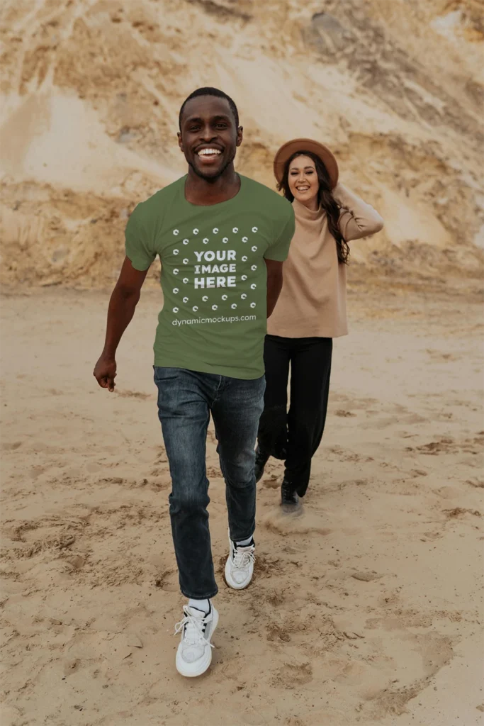 Man Wearing Olive Green T-shirt Mockup Front View Template