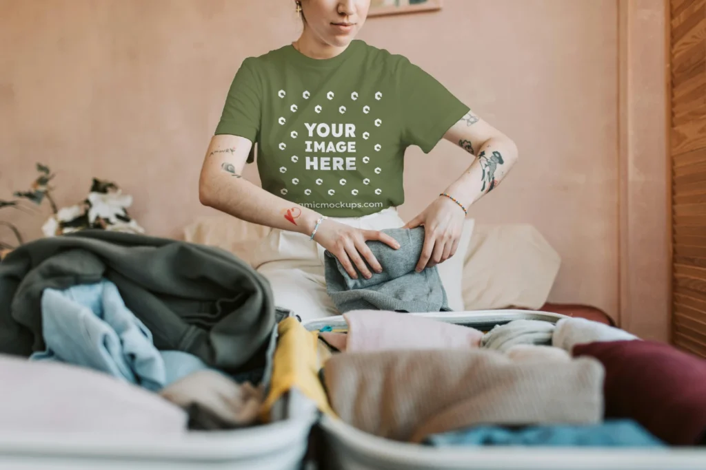 Man Wearing Olive Green T-shirt Mockup Front View Template