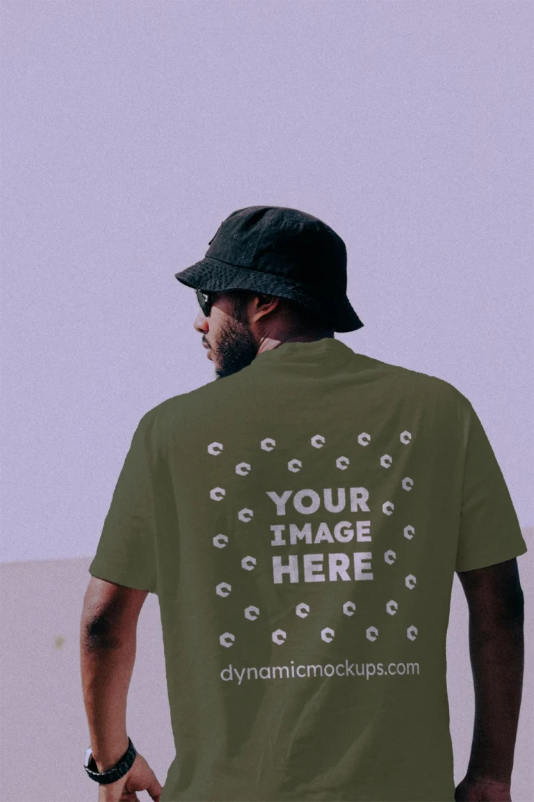 Man Wearing Olive Green T-shirt Mockup Back View Template