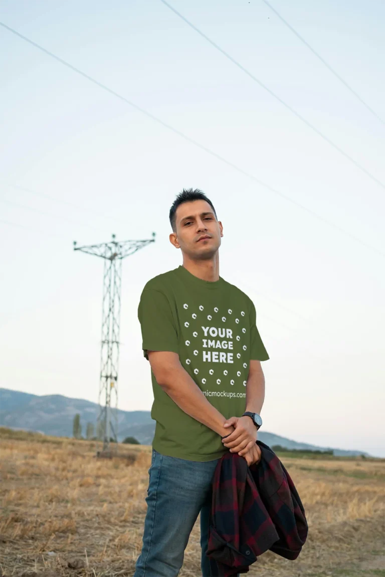 Man Wearing Olive Green T-shirt Mockup Front View Template