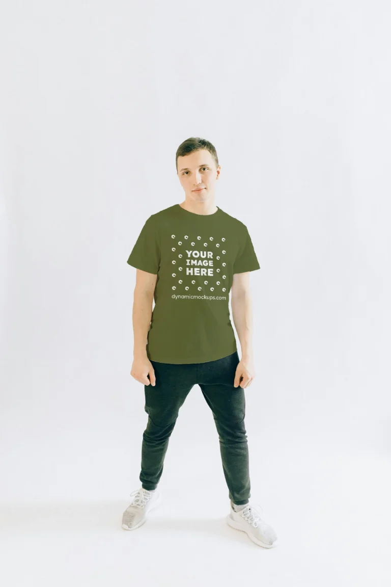 Man Wearing Olive Green T-shirt Mockup Front View Template