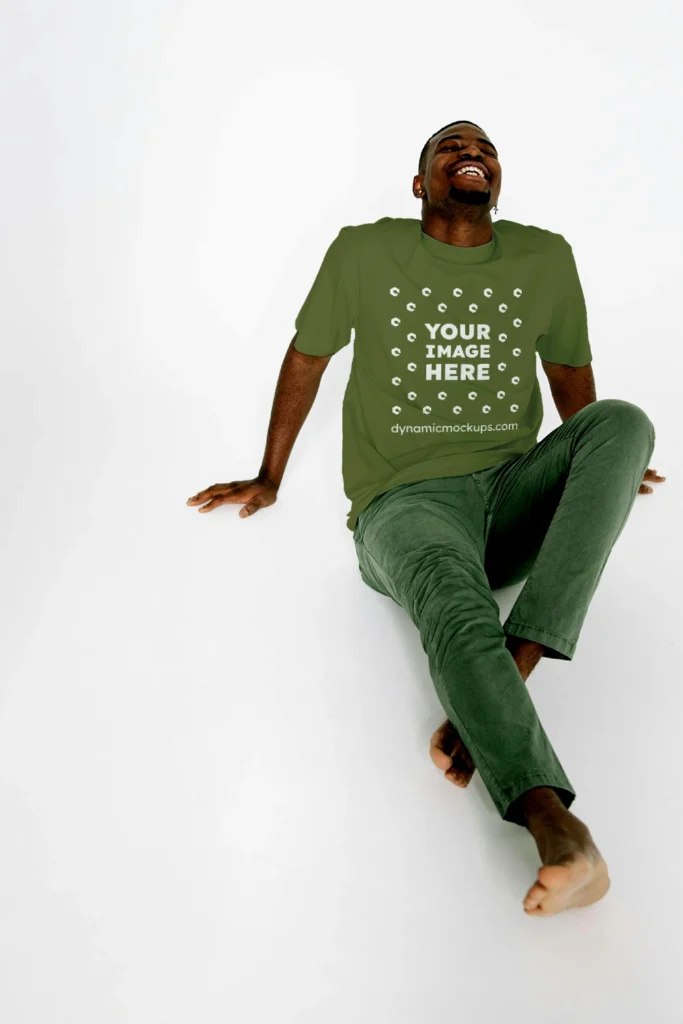 Man Wearing Olive Green T-shirt Mockup Front View Template