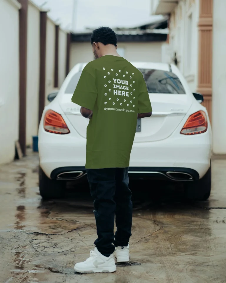 Man Wearing Olive Green T-shirt Mockup Back View Template