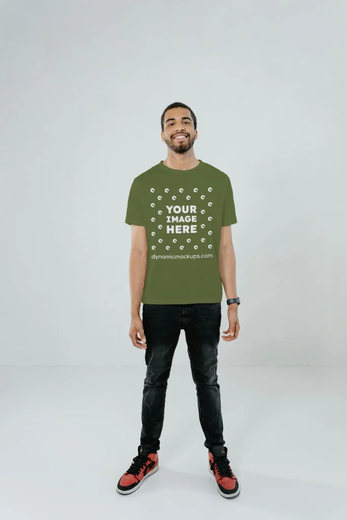 Man Wearing Olive Green T-shirt Mockup Front View Template