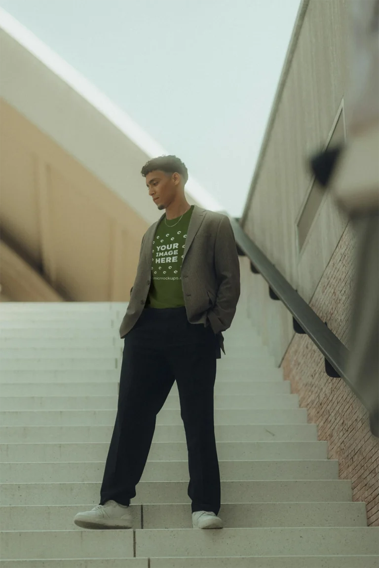 Man Wearing Olive Green T-shirt Mockup Front View Template