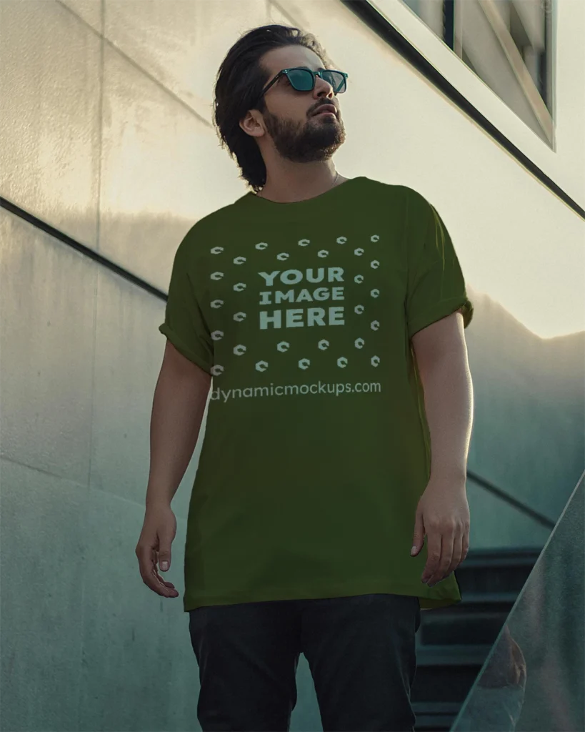 Man Wearing Olive Green T-shirt Mockup Front View Template