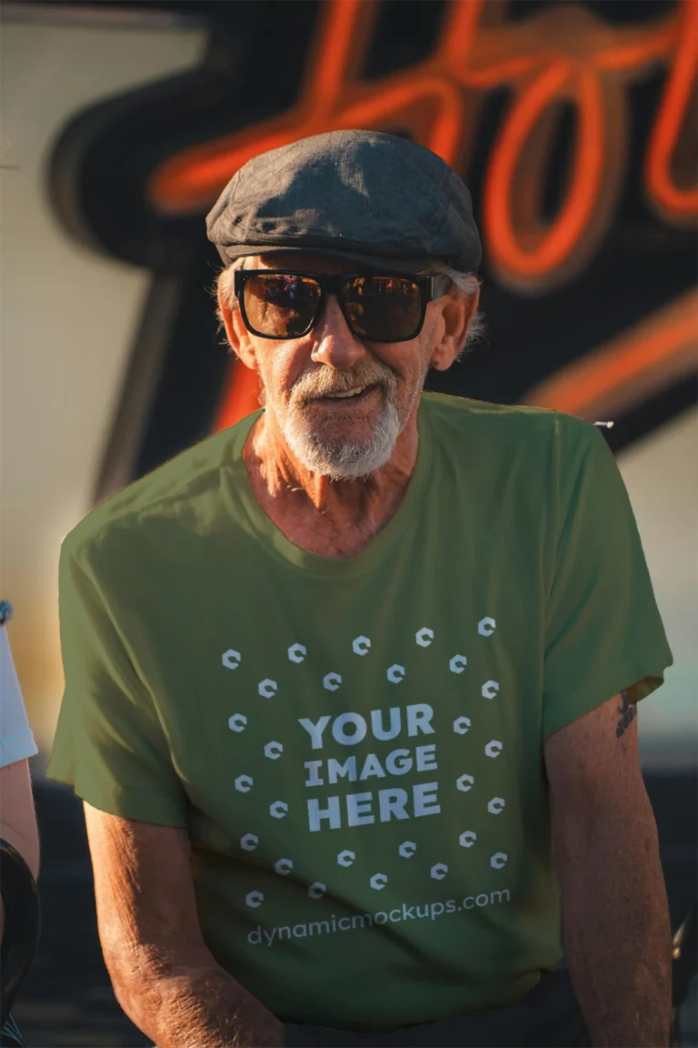 Man Wearing Olive Green T-shirt Mockup Front View Template