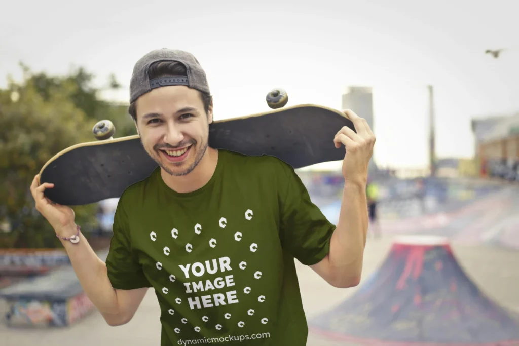 Man Wearing Olive Green T-shirt Mockup Front View Template