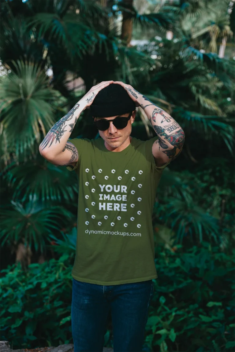 Man Wearing Olive Green T-shirt Mockup Front View Template