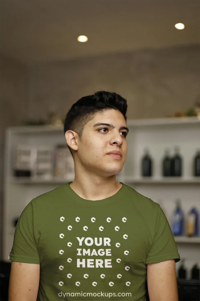 Man Wearing Olive Green T-shirt Mockup Front View Template