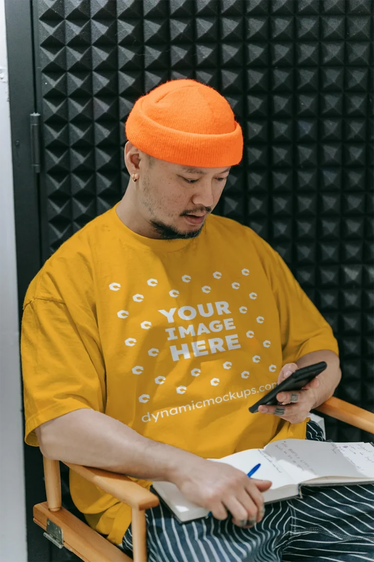 Man Wearing Orange T-shirt Mockup Front View Template