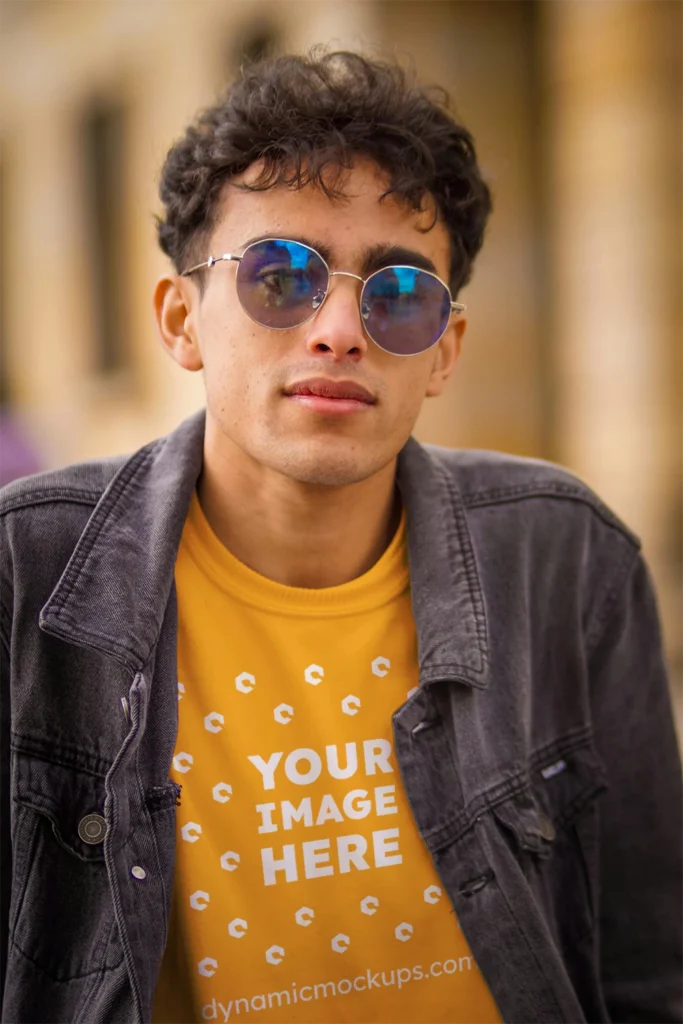 Man Wearing Orange T-shirt Mockup Front View Template