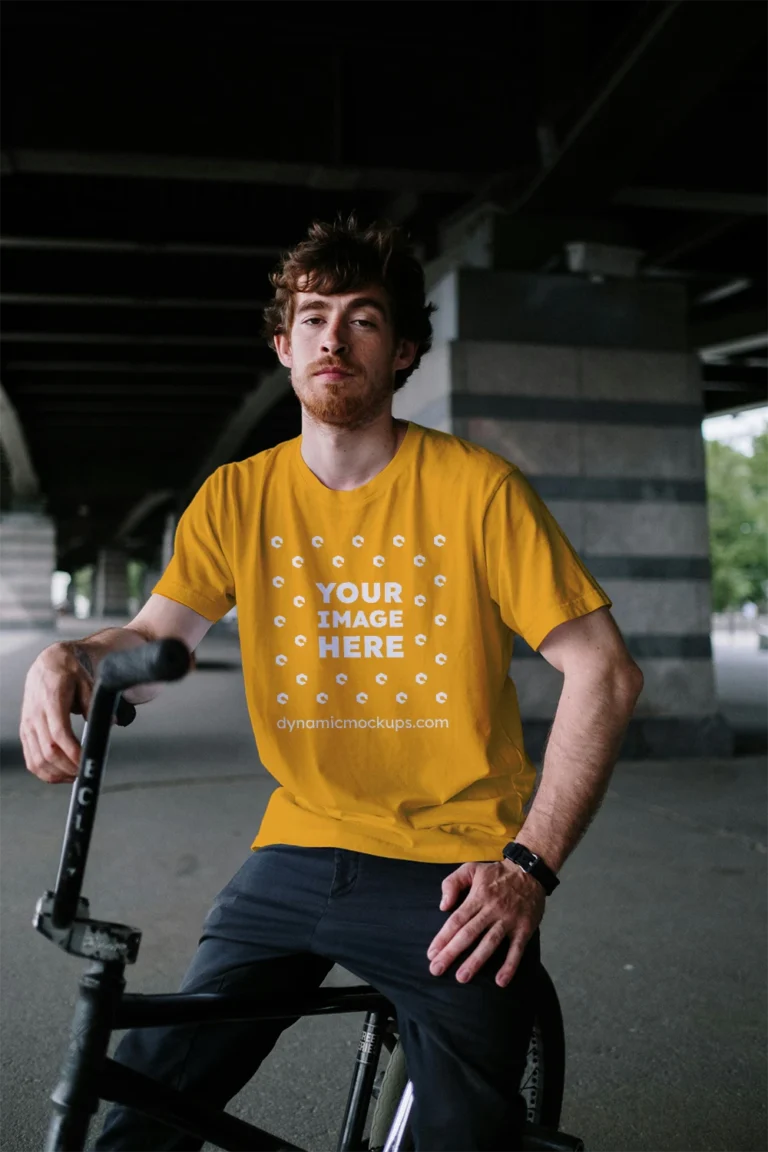 Man Wearing Orange T-shirt Mockup Front View Template