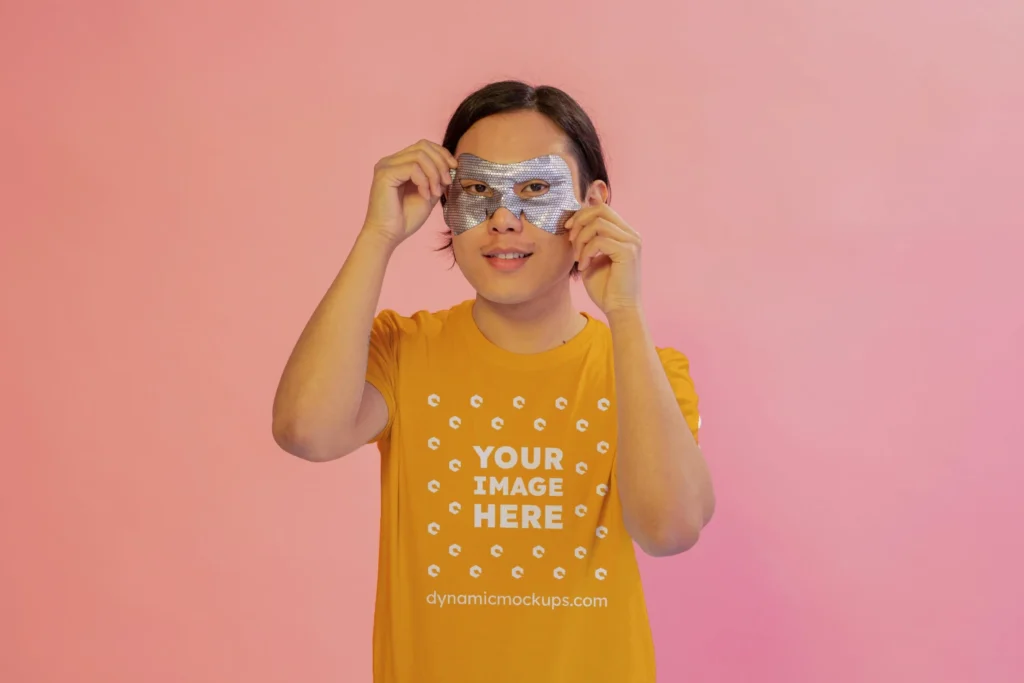 Man Wearing Orange T-shirt Mockup Front View Template