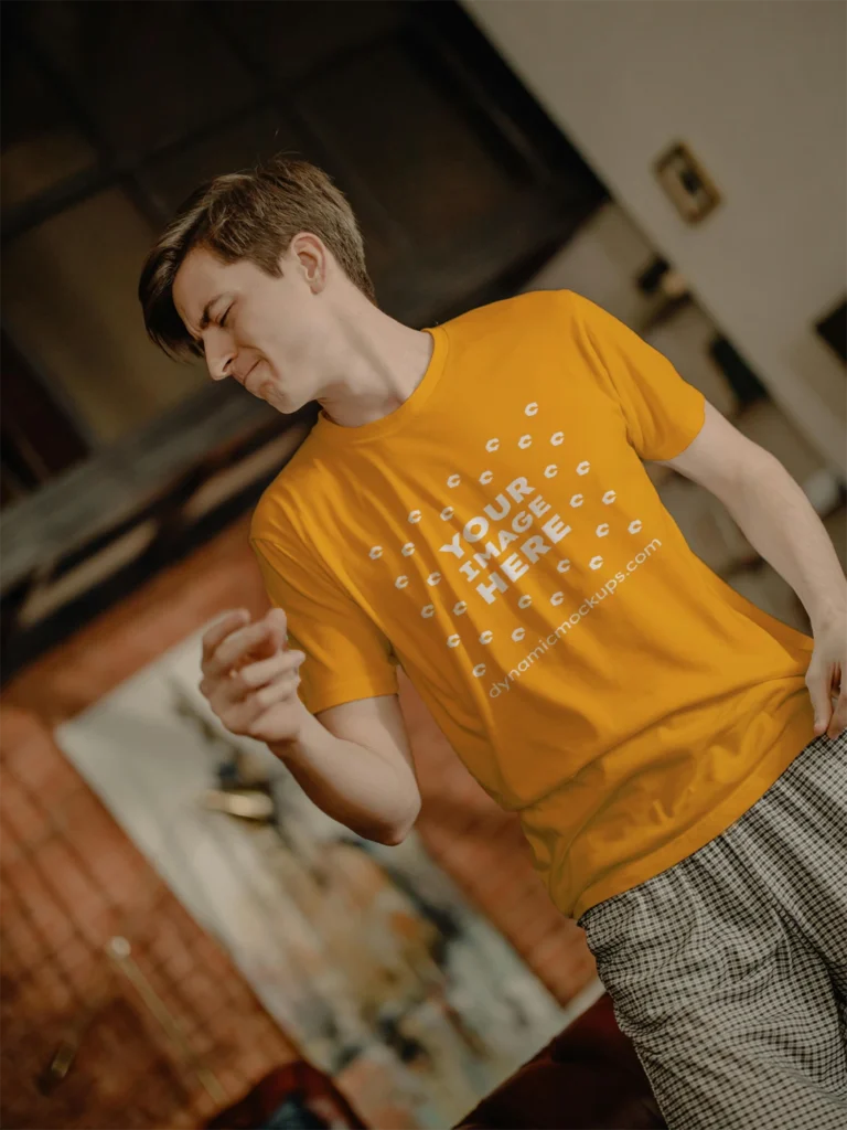 Man Wearing Orange T-shirt Mockup Front View Template