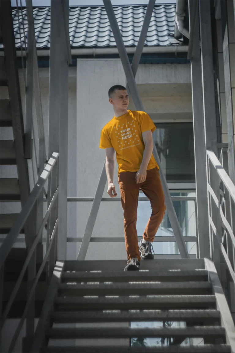 Man Wearing Orange T-shirt Mockup Front View Template