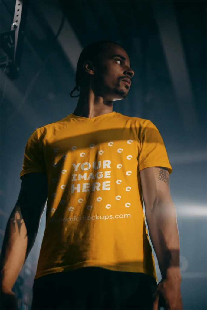 Man Wearing Orange T-shirt Mockup Front View Template