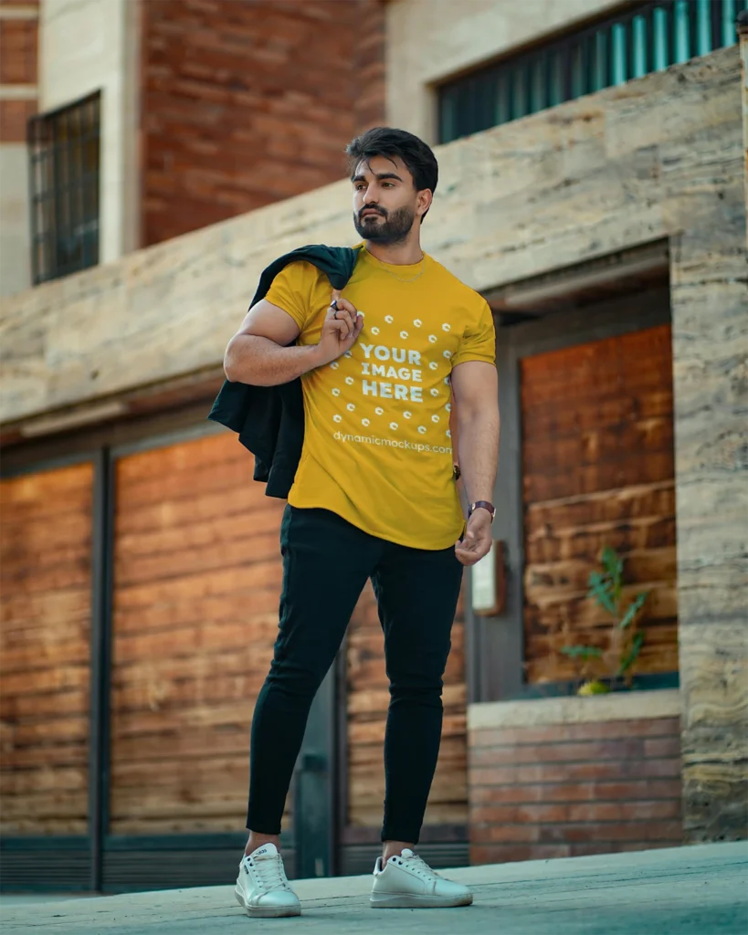 Man Wearing Orange T-shirt Mockup Front View Template