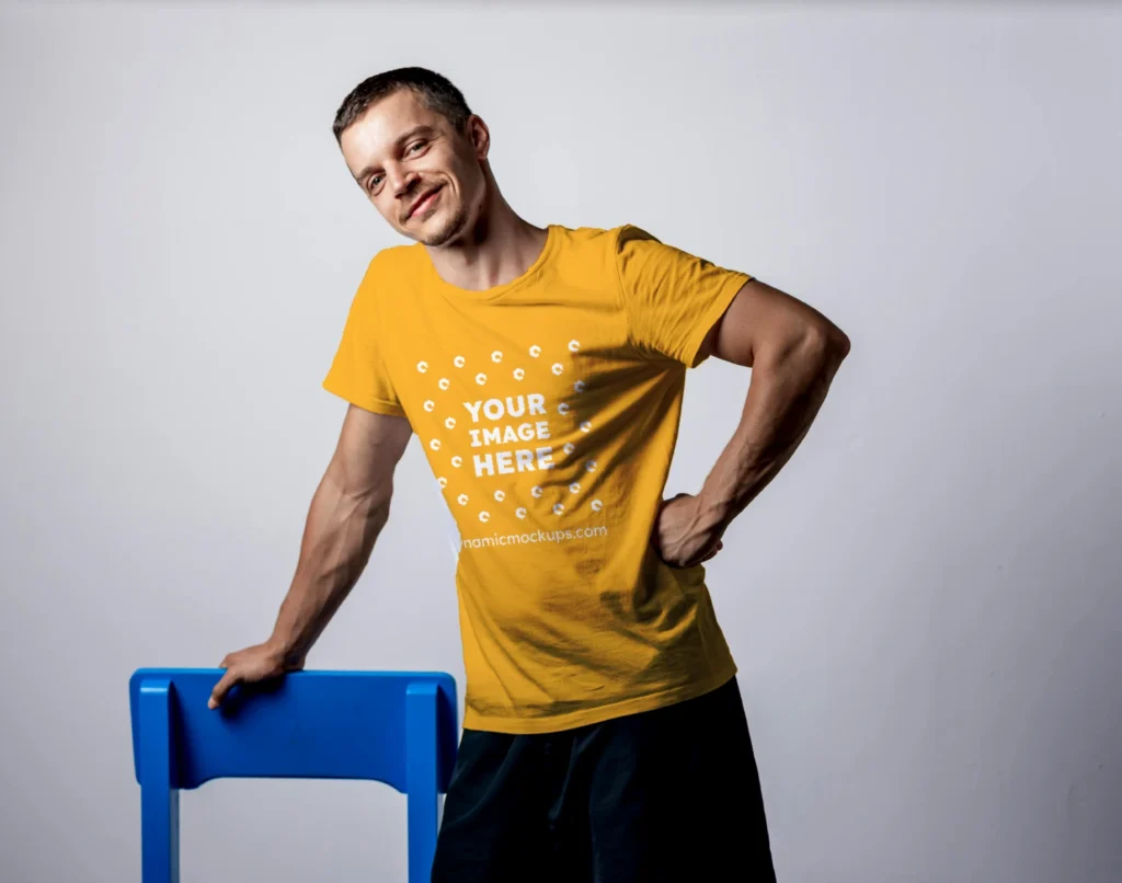 Man Wearing Orange T-shirt Mockup Front View Template