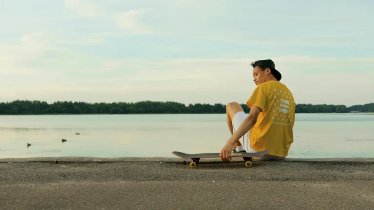 Man Wearing Orange T-shirt Mockup Front View Template