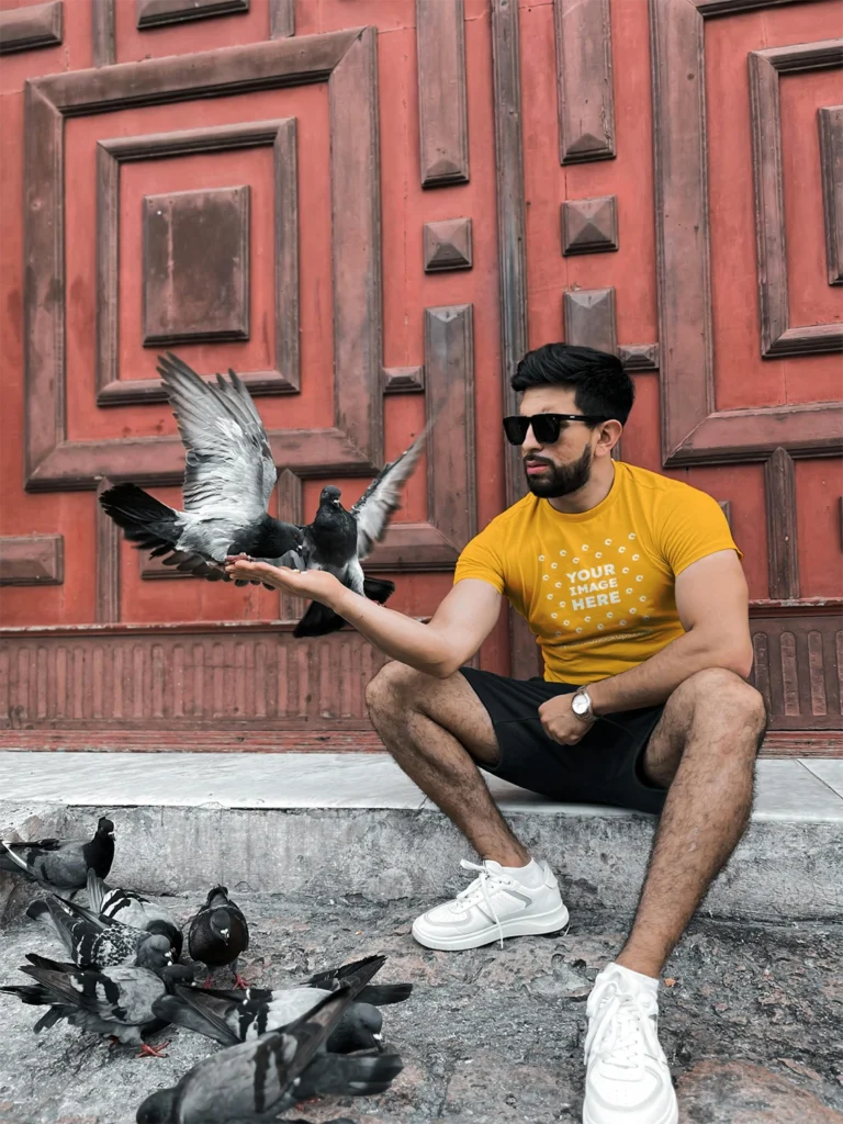 Man Wearing Orange T-shirt Mockup Front View Template