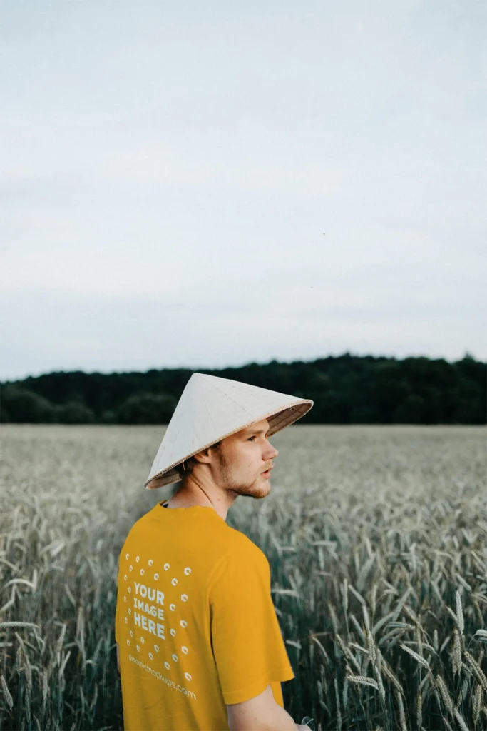 Man Wearing Orange T-shirt Mockup Front View Template