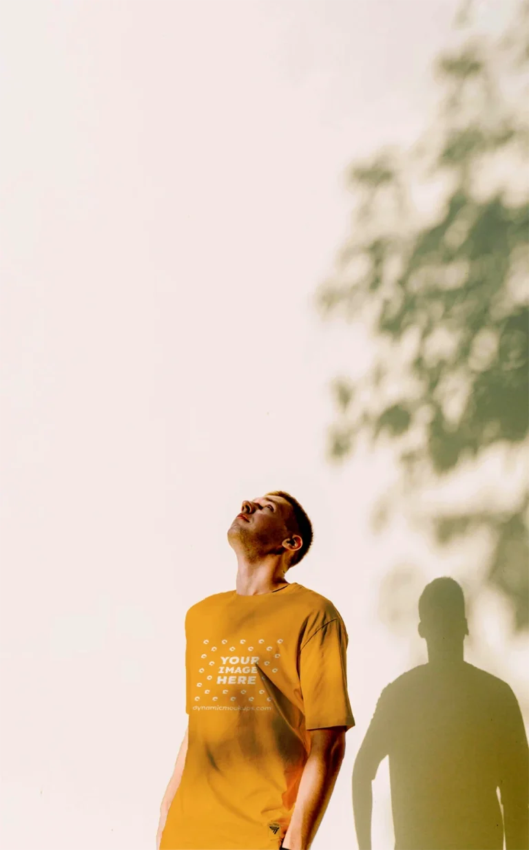 Man Wearing Orange T-shirt Mockup Front View Template