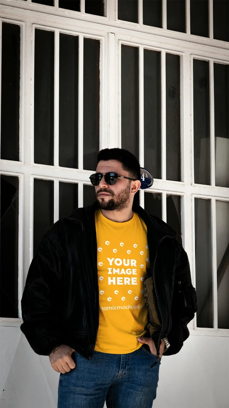 Man Wearing Orange T-shirt Mockup Front View Template