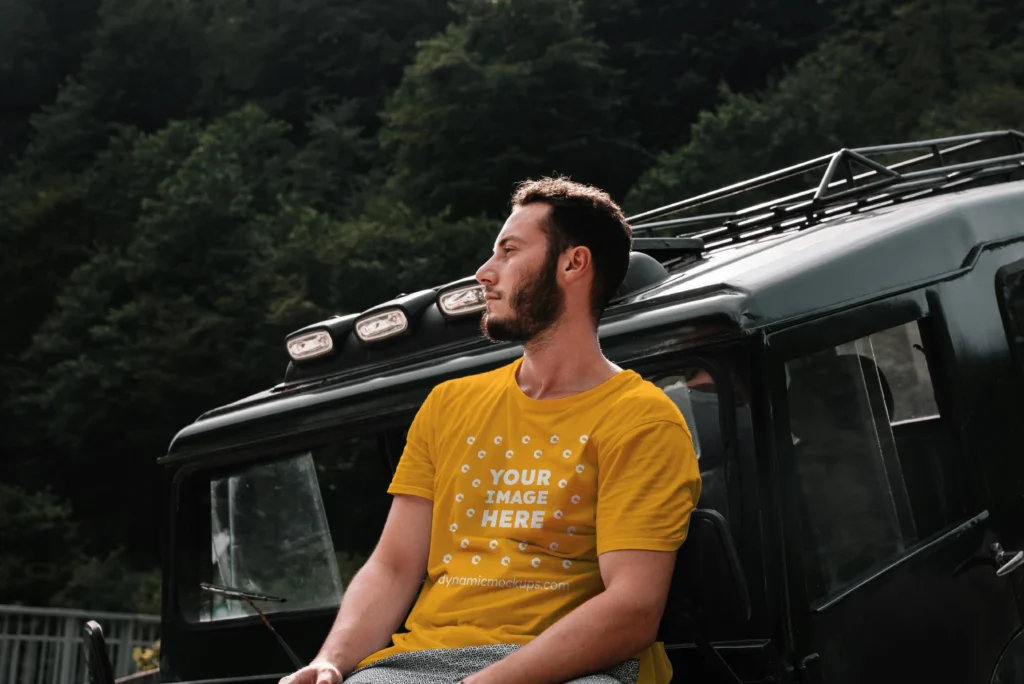 Man Wearing Orange T-shirt Mockup Front View Template