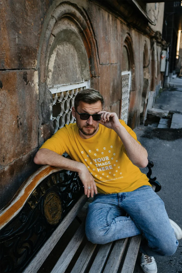 Man Wearing Orange T-shirt Mockup Front View Template