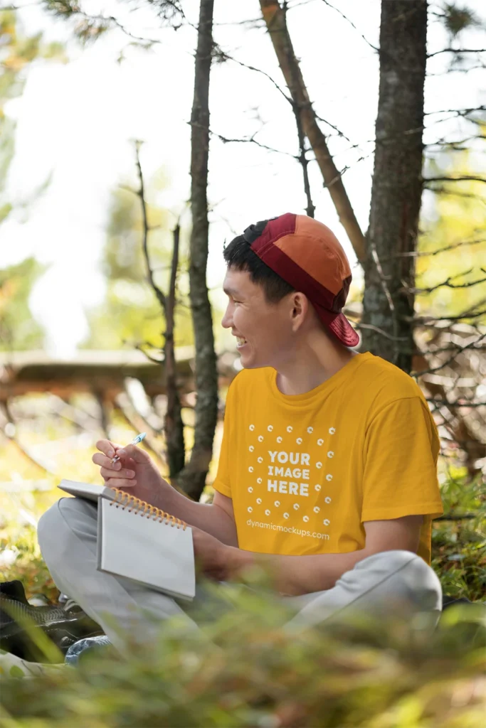 Man Wearing Orange T-shirt Mockup Front View Template