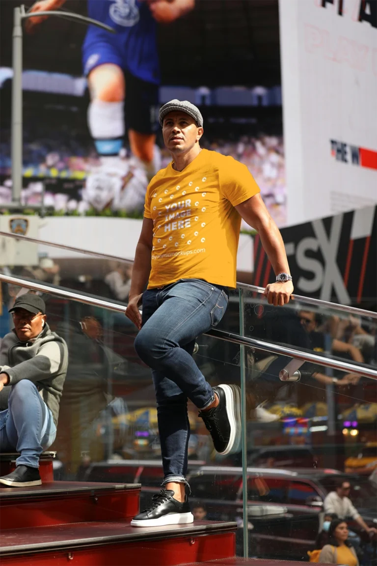 Man Wearing Orange T-shirt Mockup Front View Template