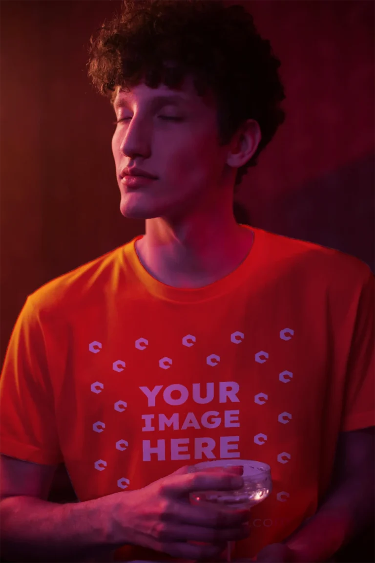 Man Wearing Orange T-shirt Mockup Front View Template