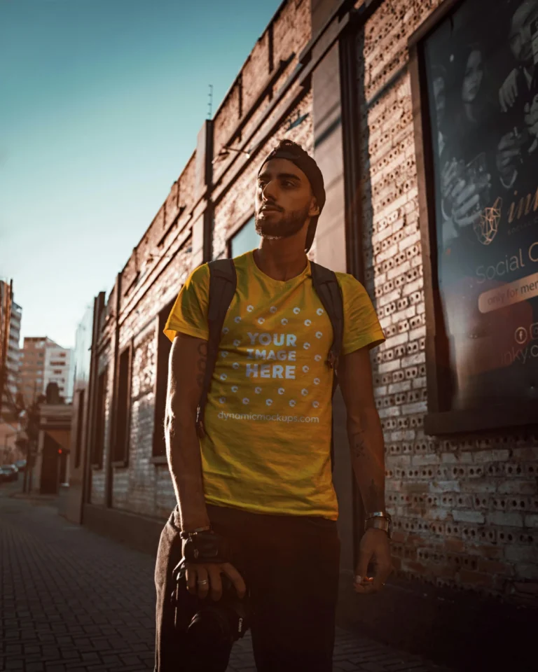 Man Wearing Orange T-shirt Mockup Front View Template