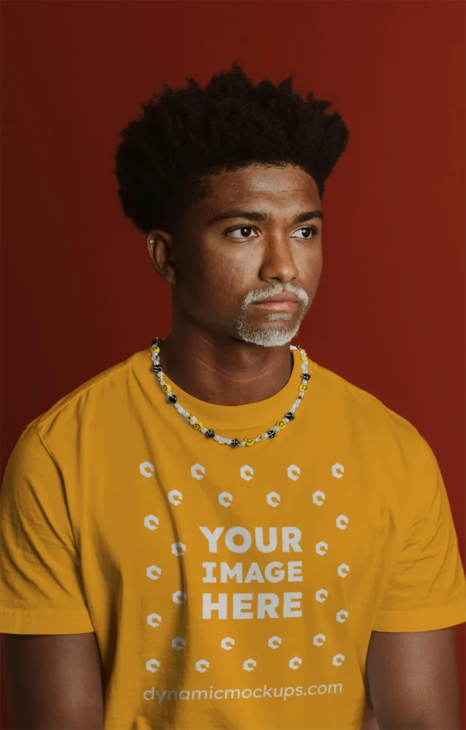 Man Wearing Orange T-shirt Mockup Front View Template