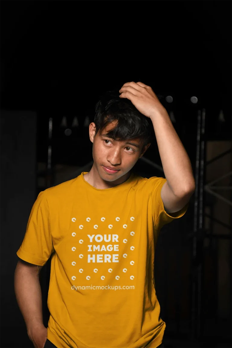 Man Wearing Orange T-shirt Mockup Front View Template