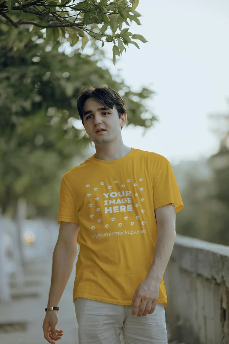 Man Wearing Orange T-shirt Mockup Front View Template