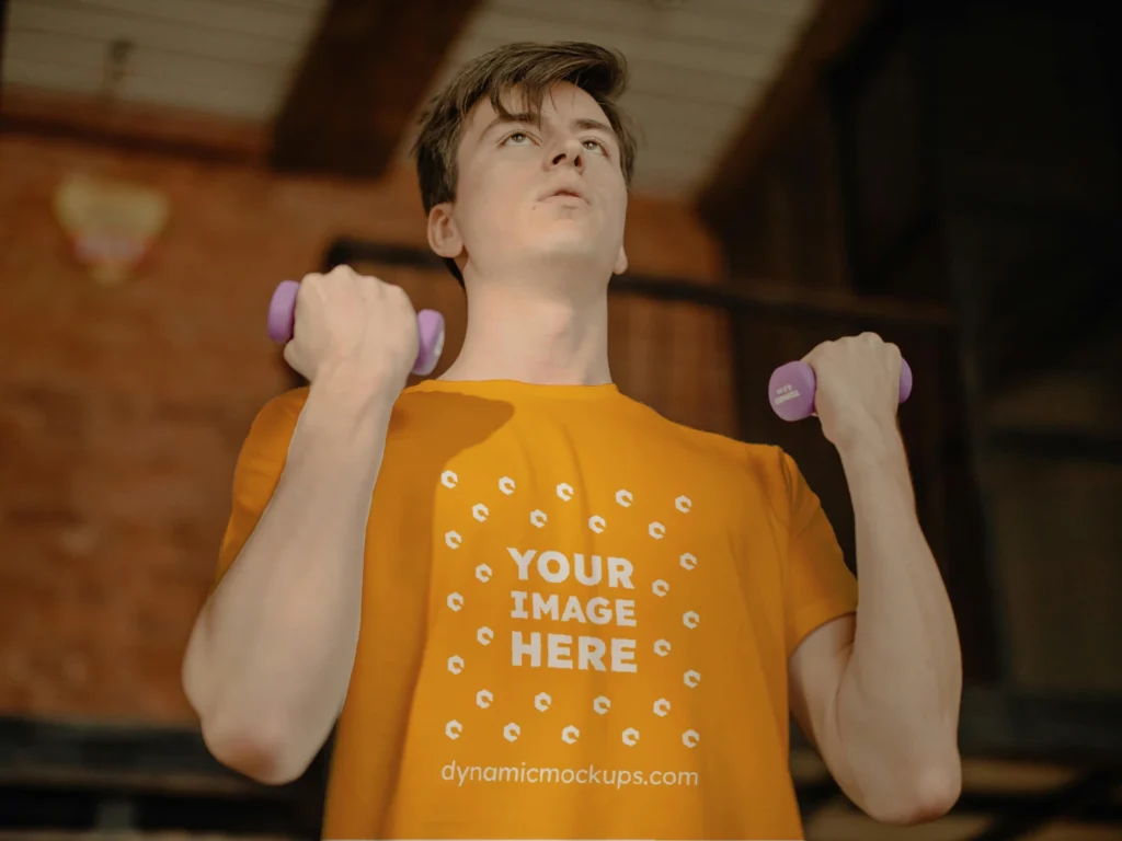 Man Wearing Orange T-shirt Mockup Front View Template