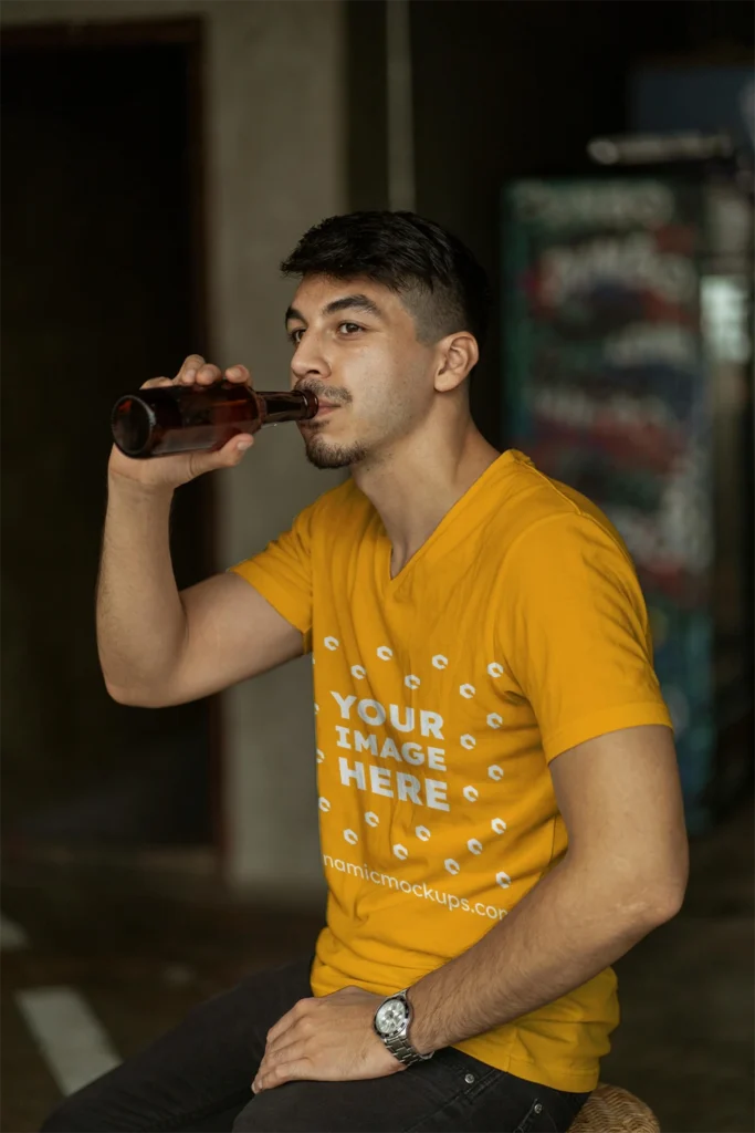 Man Wearing Orange T-shirt Mockup Side View Template