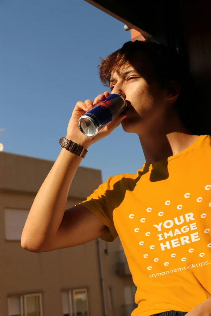 Man Wearing Orange T-shirt Mockup Front View Template